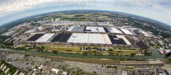 Volkswagen plant Wolfsburg with Autostadt and The Ritz Carlton Hotel, fish-eye-lens, Lower Saxony,