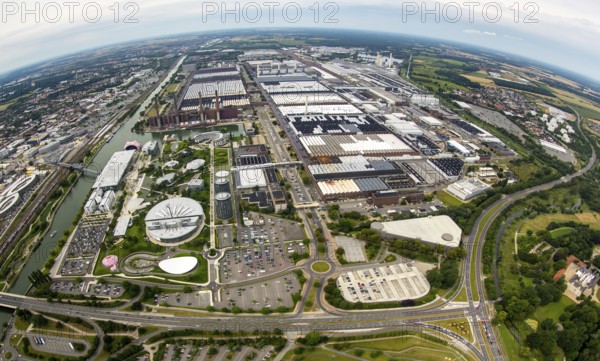Volkswagen plant Wolfsburg with Autostadt and The Ritz Carlton Hotel, fish-eye-lens, Lower Saxony,
