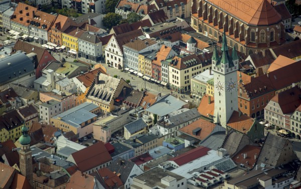 City tower at Theresienplatz, Straubing, East Bavaria, Bavaria, Germany, Europe, aerial view,
