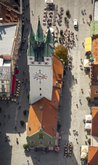 City tower at Theresienplatz, Straubing, East Bavaria, Bavaria, Germany, Europe, aerial view,