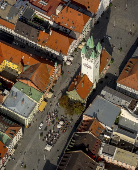 City tower at Theresienplatz, Straubing, East Bavaria, Bavaria, Germany, Europe, aerial view,
