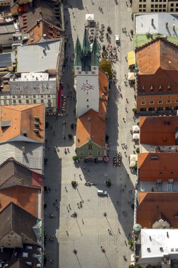 City tower at Theresienplatz, Straubing, East Bavaria, Bavaria, Germany, Europe, aerial view,