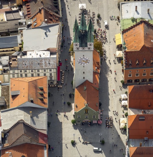 City tower at Theresienplatz, Straubing, East Bavaria, Bavaria, Germany, Europe, aerial view,