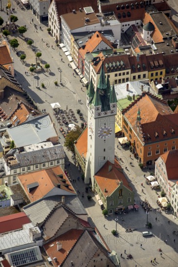 City tower at Theresienplatz, Straubing, East Bavaria, Bavaria, Germany, Europe, aerial view,