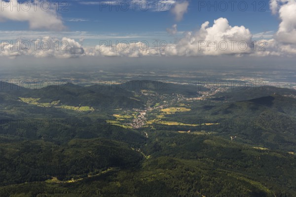 Black Forest valleys with clouds, Weisenbach, Baden-Württemberg, Germany, Europe, aerial view,