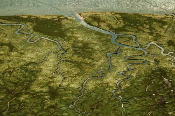 Ostheller, salt marshes with Prilen, Wadden Sea, aerial view, Norderney, North Sea, North Sea