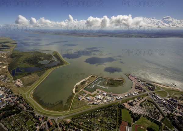 Norderney harbour, ferry pier, Wadden Sea, aerial view, Norderney, North Sea, North Sea island,