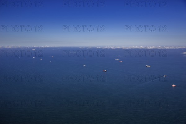 Aerial view, cargo ships at anchor off Spiekeroog, shipping lane, shipping route, at sea, coastal