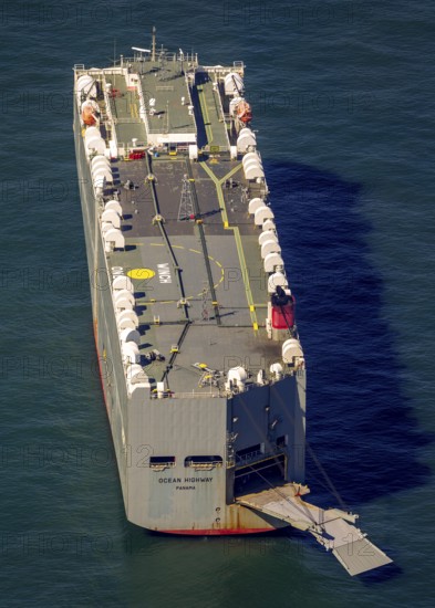 Cargo ship, anchoring car transporter Ocean Highway Panama, aerial view, Spiekeroog, North Sea,