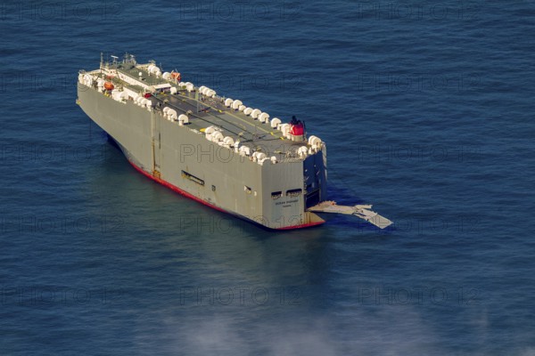 Cargo ship, anchoring car transporter Ocean Highway Panama, aerial view, cargo ships anchored off