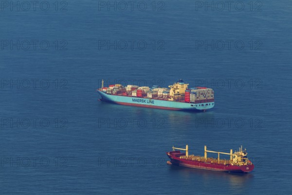 Aerial view, cargo ships at anchor off Spiekeroog, shipping lane, shipping route, at sea, coastal