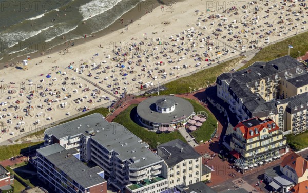 Beach and Café Pudding, aerial view, Wangerooge, North Sea, North Sea island, East Frisian Islands,