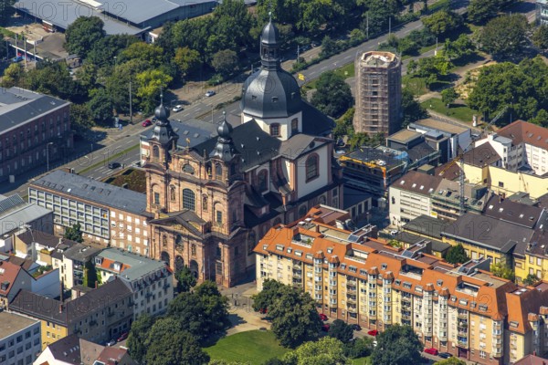 Jesuit church am Schillerplatz Mannheim, Mannheim, Baden-Württemberg, Germany, Europe, aerial view,