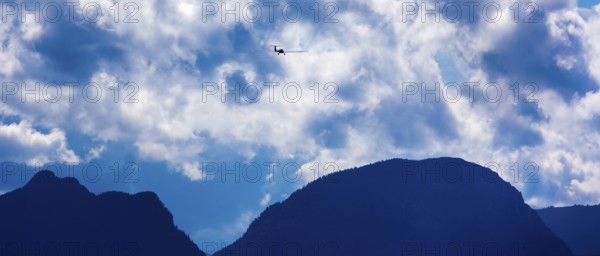 Motorised glider flying over the Alps, Salzburg, Alps, Austria, Europe, aerial view, birds-eyes