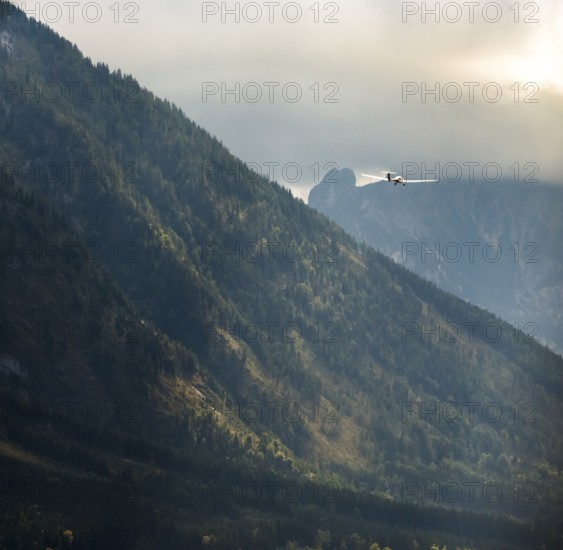 Motorised glider flying over the Alps, Salzburg, Alps, Austria, Europe, aerial view, birds-eyes