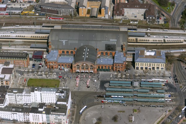 Central station of Bremen, station forecourt with bus station, city centre of Bremen, city, aerial
