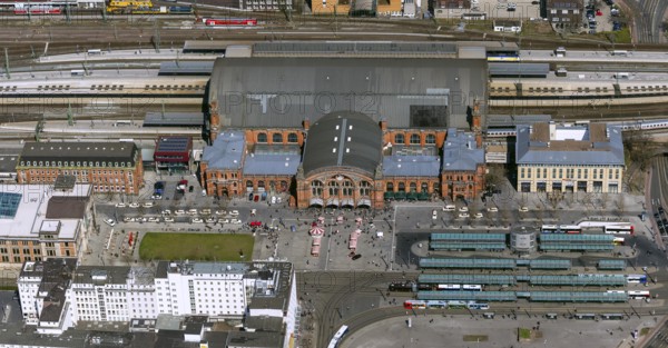 Central station of Bremen, station forecourt with bus station, city centre of Bremen, city, aerial