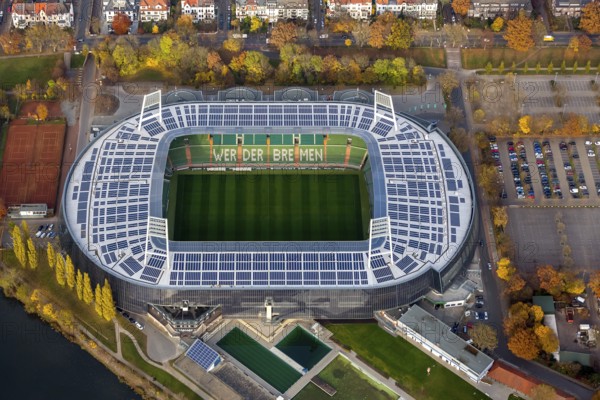 Aerial view, stadium of the Bundesliga club SV Werder Bremen, Weserstadion, Wuseum, photovoltaics,