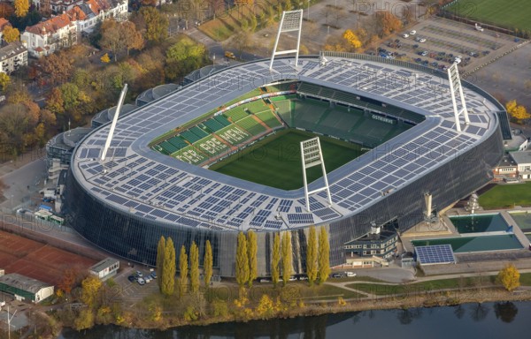 Aerial view, stadium of the Bundesliga club SV Werder Bremen, Weserstadion, Wuseum, photovoltaics,
