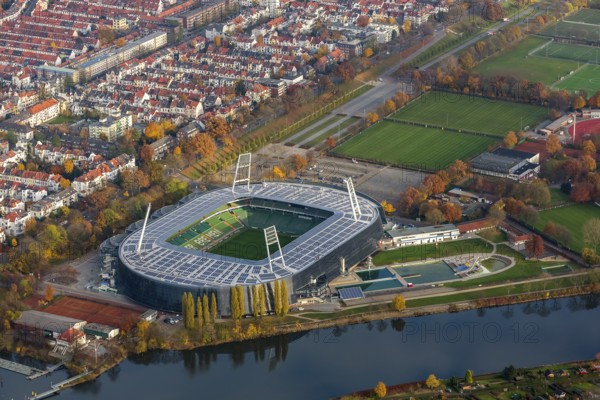 Aerial view, stadium of the Bundesliga club SV Werder Bremen, Weserstadion, Wuseum, photovoltaics,