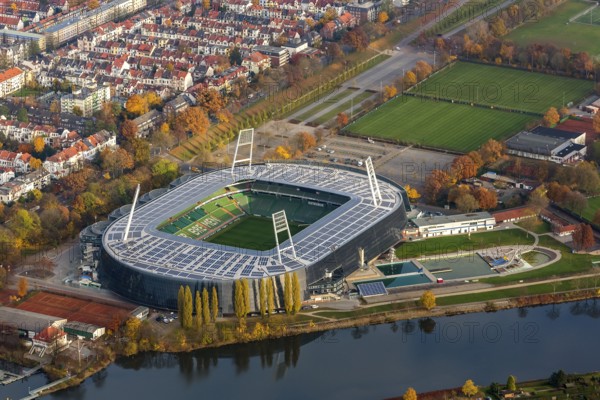 Aerial view, stadium of the Bundesliga club SV Werder Bremen, Weserstadion, Wuseum, photovoltaics,