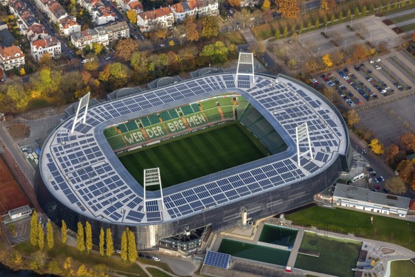 Aerial view, stadium of the Bundesliga club SV Werder Bremen, Weserstadion, Wuseum, photovoltaics,