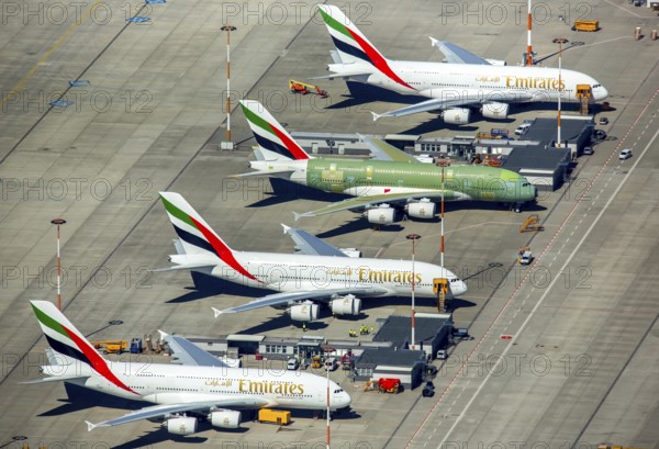 Airbus A380 for Emirates in front of completion on the apron, Finkenwerder Airport, Finkenwerder