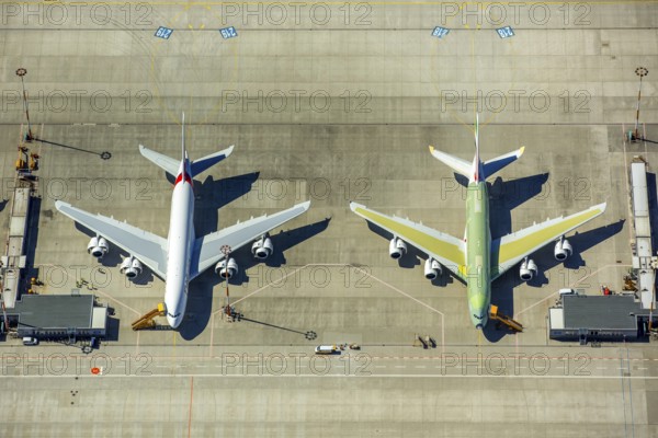 Airbus A380 for Emirates in front of completion on the apron, Finkenwerder Airport, Finkenwerder