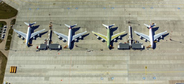 Airbus A380 for Emirates in front of completion on the apron, Finkenwerder Airport, Finkenwerder