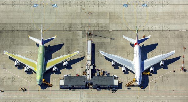 Airbus A380 for Emirates in front of completion on the apron, Finkenwerder Airport, Finkenwerder