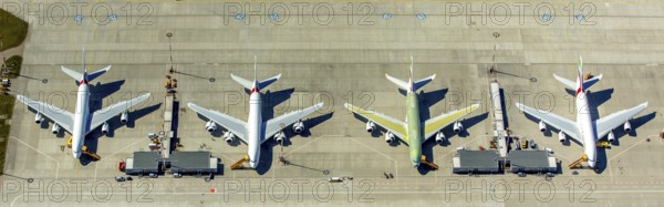 Airbus A380 for Emirates in front of completion on the apron, Finkenwerder Airport, Finkenwerder