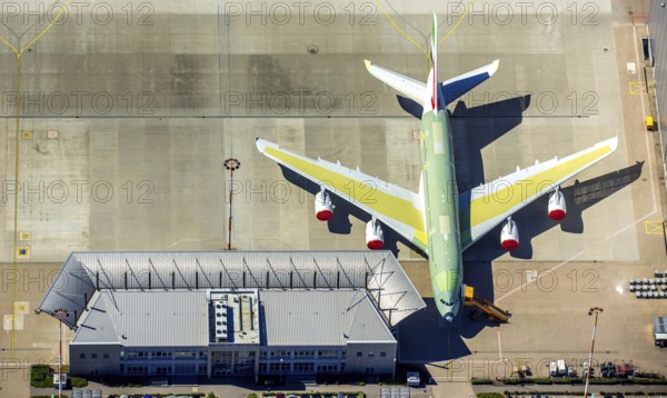 Airbus A380 for Emirates in front of completion on the apron, Finkenwerder Airport, Finkenwerder