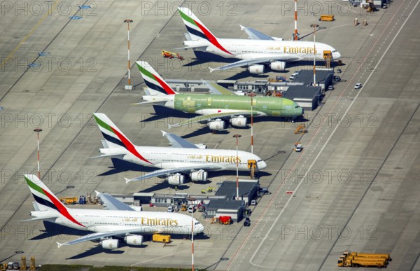 Airbus A380 for Emirates in front of completion on the apron, Finkenwerder Airport, Finkenwerder