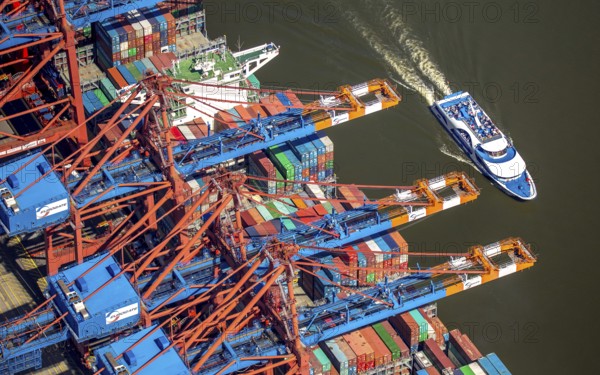 Harbour tour excursion ship, container loading, container gantry cranes, container cranes,