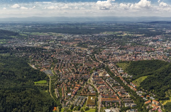 Overview of Freiburg, Freiburg im Breisgau, Breisgau, Baden-Württemberg, Germany, Europe, aerial