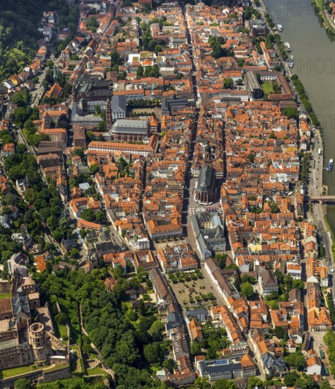 Overview of Heidelberg and the Neckar river with Old Bridge and Heiliggeistkirche, Heidelberg,