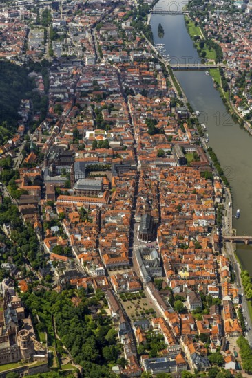 Overview of Heidelberg and the Neckar river with Old Bridge and Heiliggeistkirche, Heidelberg,