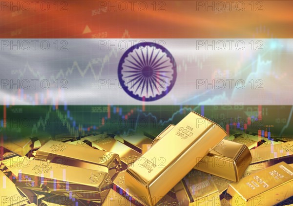 Gold bars on India flag in background. Gold bars stacked on Indian flag. Concept of India gold