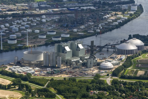 Moorburg power station on the southern Elbe, petrolium tanks, Hamburg, Germany, Europe, aerial