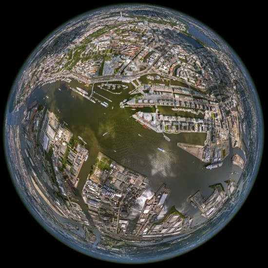 Hamburg harbour, fisheye lens, fisheye, round image, Hamburg, Germany, Europe, aerial view,