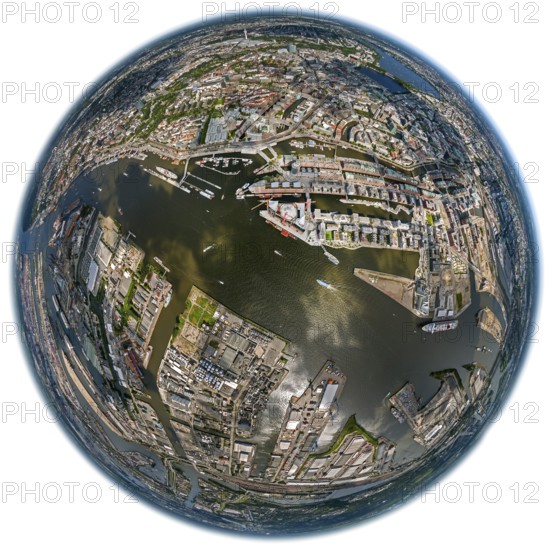 Hamburg harbour, fisheye lens, fisheye, round image, Hamburg, Germany, Europe, aerial view,