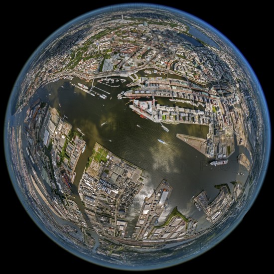 Hamburg harbour, fisheye lens, fisheye, round image, Hamburg, Germany, Europe, aerial view,
