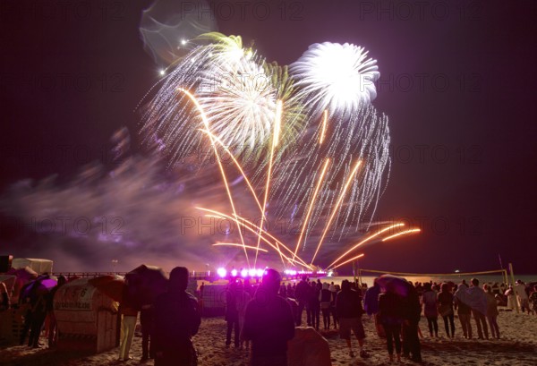 Baltic Sea in flames at Grömitz pier, fireworks, highlight of the season, end of the season, beach,