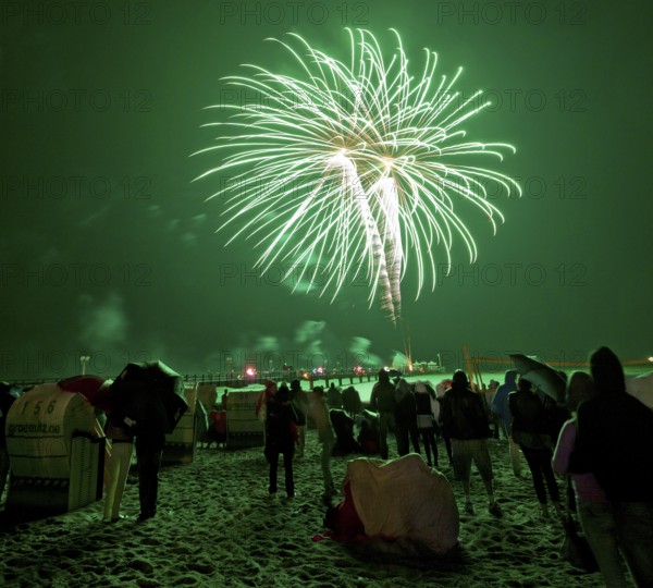 Baltic Sea in flames at Grömitz pier, fireworks, highlight of the season, end of the season, beach,
