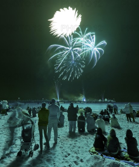 Baltic Sea in flames at Grömitz pier, fireworks, highlight of the season, end of the season, beach,