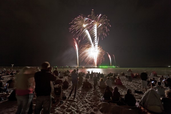 Baltic Sea in flames at Grömitz pier, fireworks, highlight of the season, end of the season, beach,