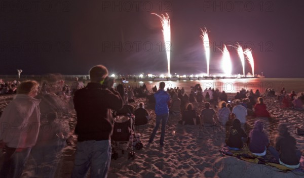 Baltic Sea in flames at Grömitz pier, fireworks, highlight of the season, end of the season, beach,
