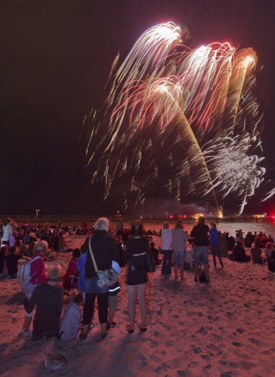 Baltic Sea in flames at Grömitz pier, fireworks, highlight of the season, end of the season, beach,