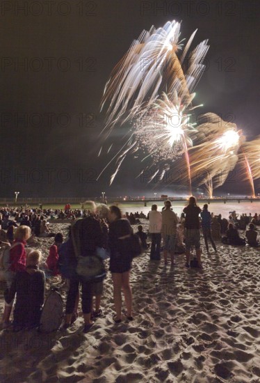 Baltic Sea in flames at Grömitz pier, fireworks, highlight of the season, end of the season, beach,