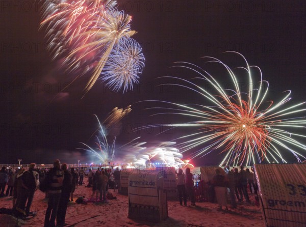 Baltic Sea in flames at Grömitz pier, fireworks, highlight of the season, end of the season, beach,